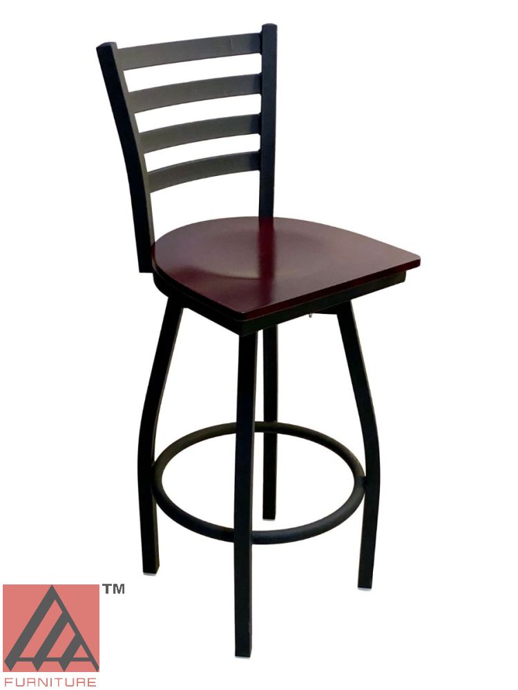 316BS SWI Metal Ladder Back Swivel Bar Stool with Brown Wood Seat