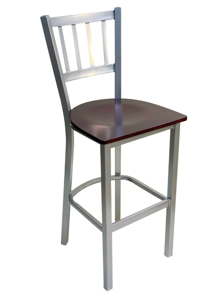 #309BS/SLVR Vertical Back Bar Stool Silver with Brown Wood Seat