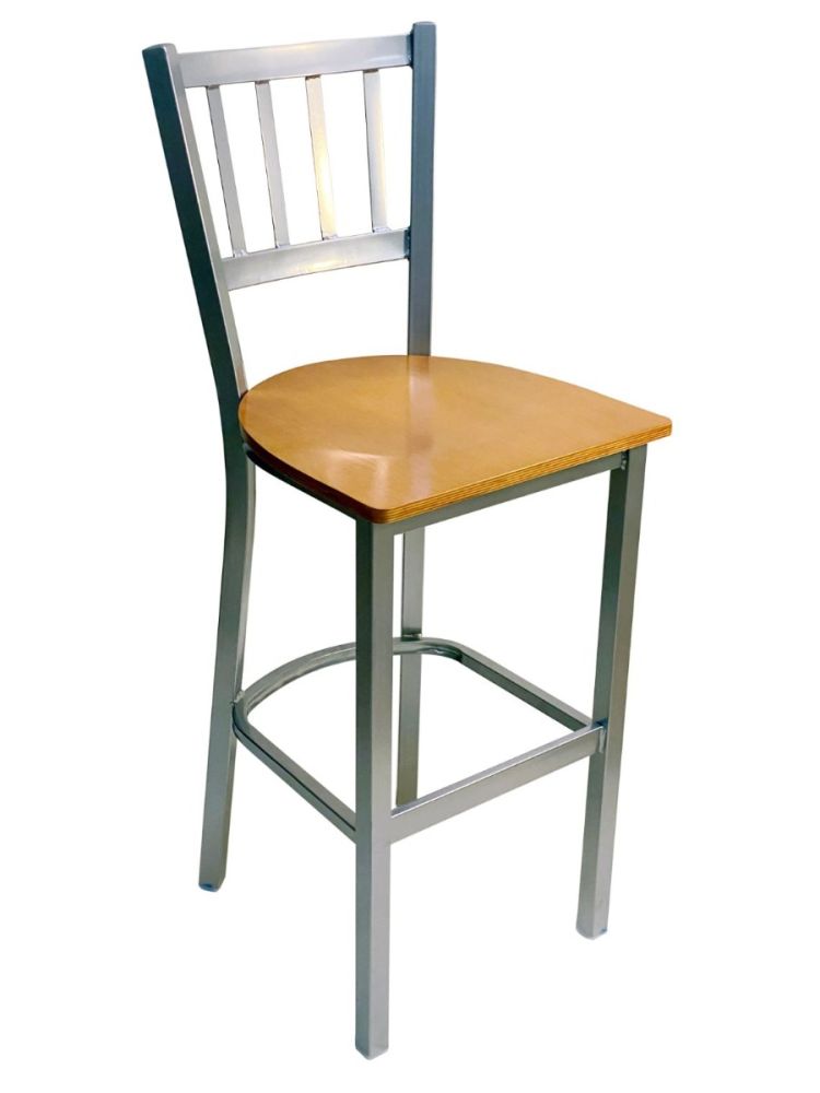 #309BS/SLVR Vertical Back Bar Stool Silver with Natural Wood Seat