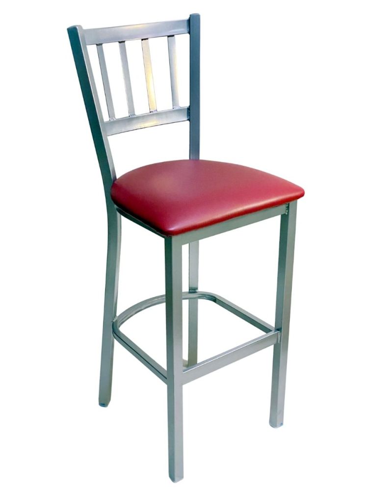 #309BS/SLVR Vertical Back Bar Stool Silver with Claret Vinyl Seat