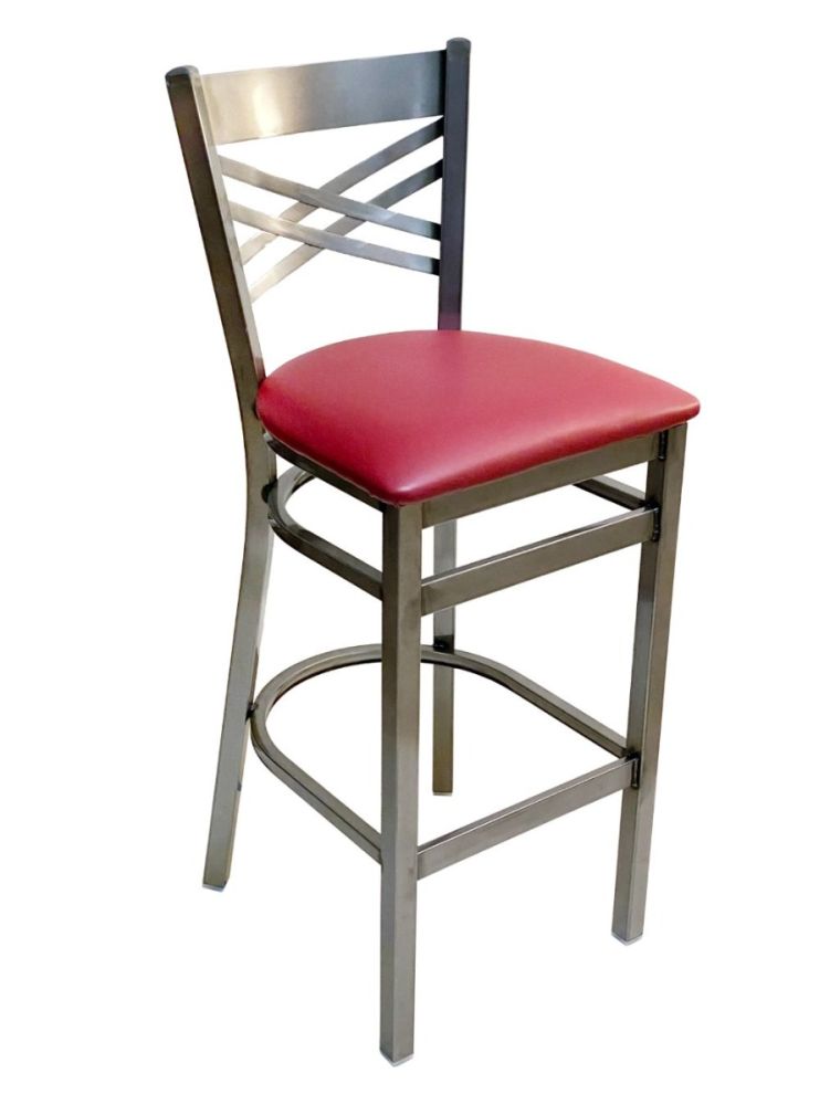 #310BS/CC Crisscross Back Bar Stool Clear Coat with Claret Vinyl Seat