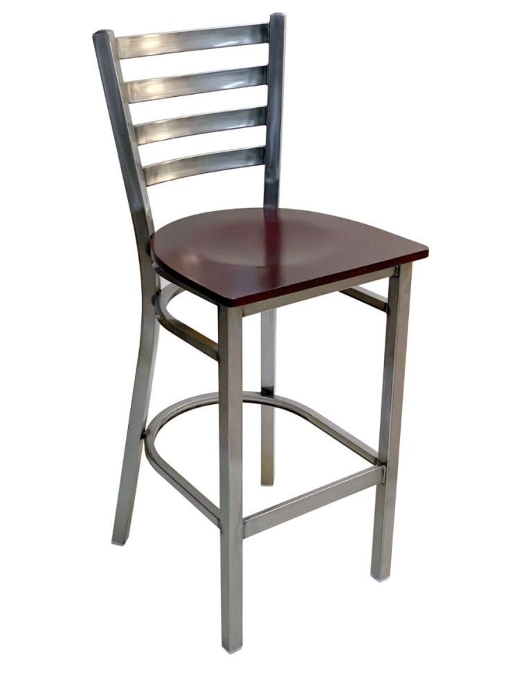 #316BS/CC Metal Ladder Back Bar Stool Clear Coat with Brown Wood Seat