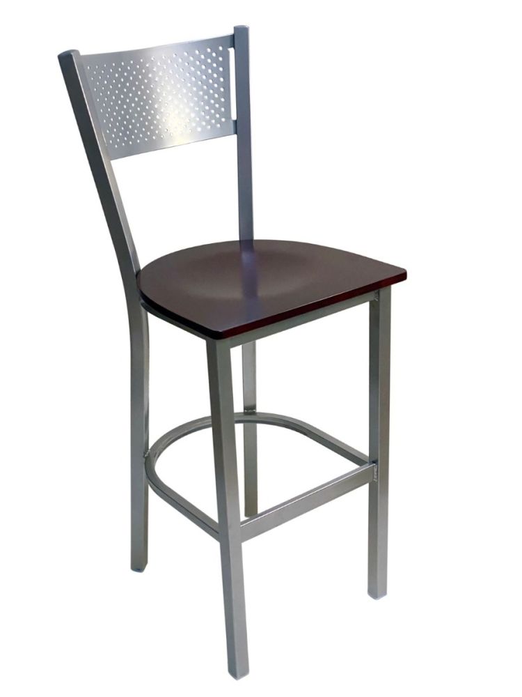 #317BS/SLVR Grid Back Bar Stool Silver with Brown Wood Seat