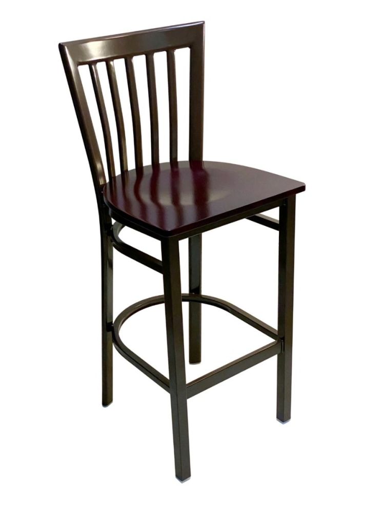 #327BS/ Vertical Slats Metal Bar Stool Dark Brown with Brown Wood Seat