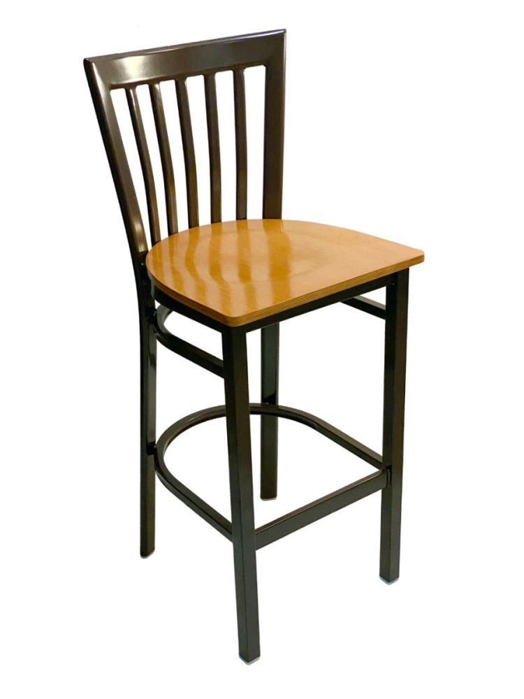 #327BS/ Vertical Slats Metal Bar Stool Dark Brown with Natural Wood Seat