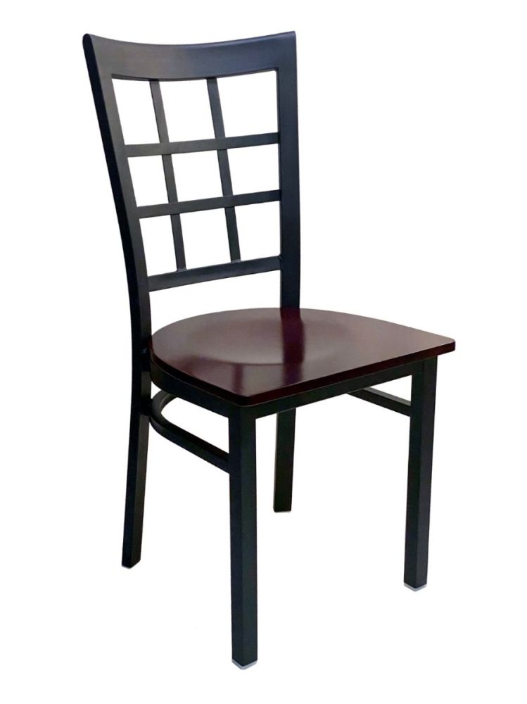 #328/ Window Back Metal Chair with Brown Wood Seat