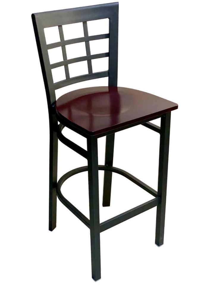 #328BS/ Window Back Metal Bar Stool with Brown Wood Seat