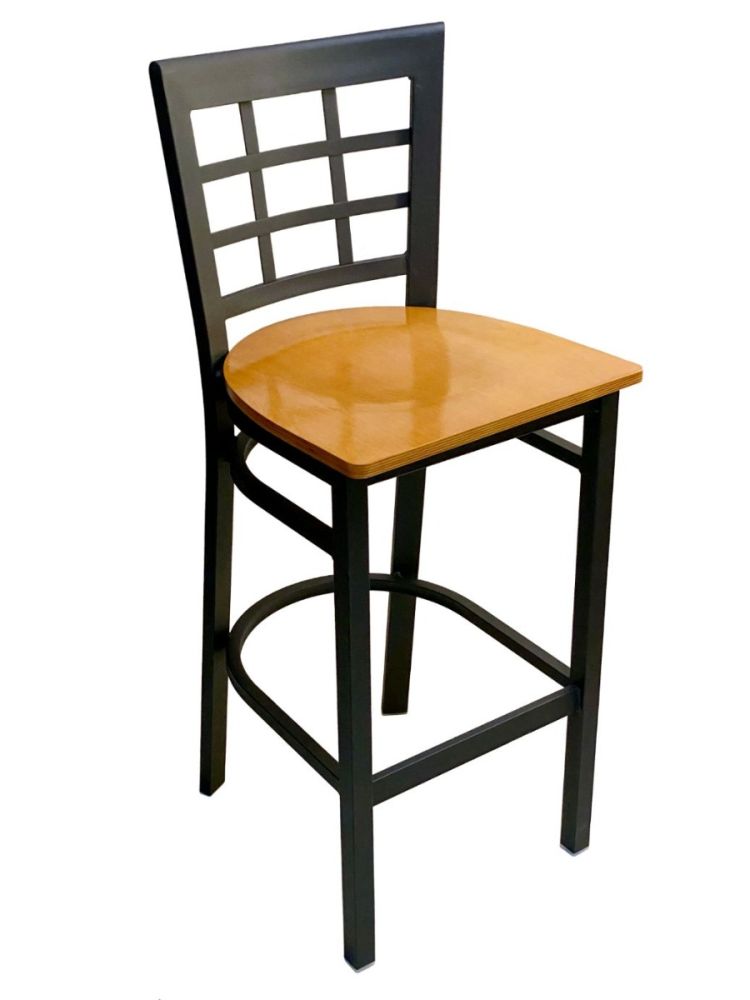 #328BS/ Window Back Metal Bar Stool with Natural Wood Seat