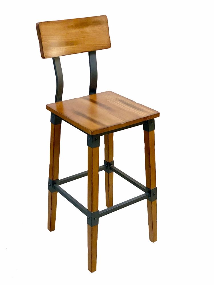 #321BS/AW Modern Industrial Metal Frame with Antique Walnut Wood Seat Bar Stool