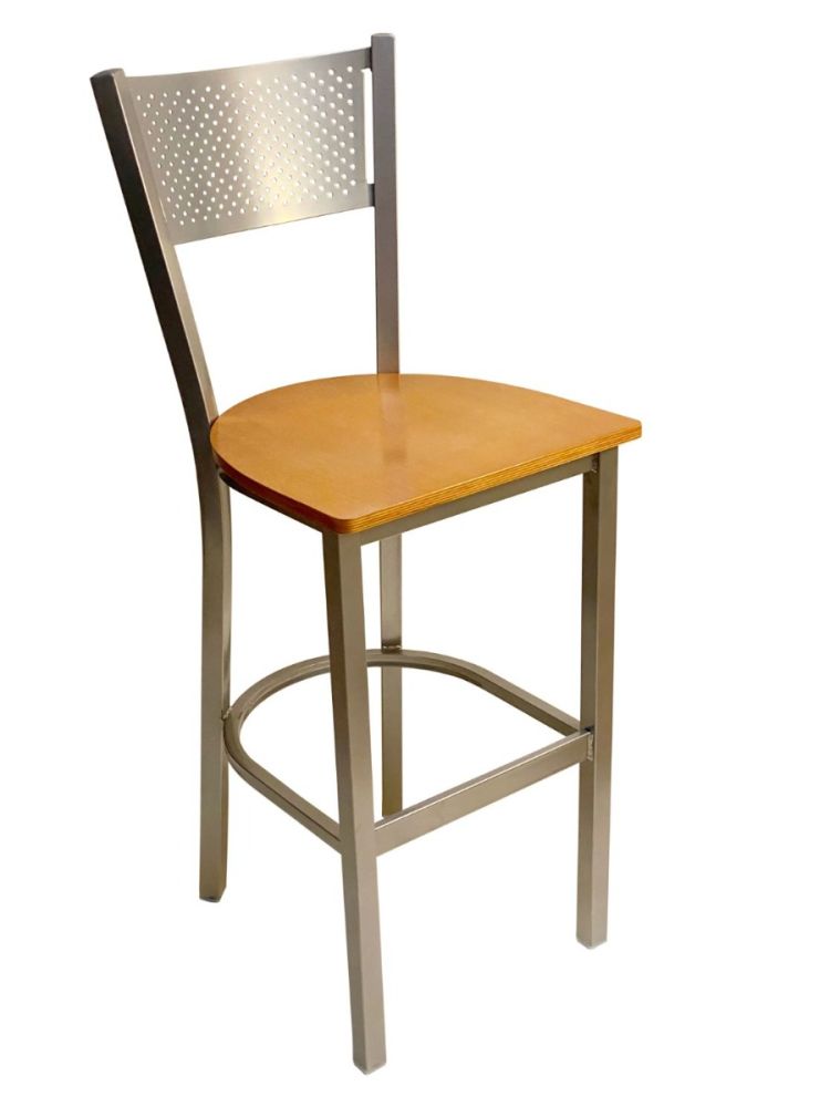 #317BS/SLVR Grid Back Bar Stool Silver with Natural Wood Seat